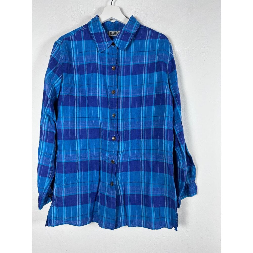 Chico's Design Womens Blue Plaid Button-Up Shirt Tunic Top Long Sleeve Casual